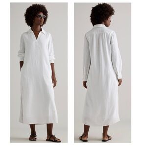 QUINCE European Linen Popover Split Neck Maxi Dress White Long Sleeve Small NEW